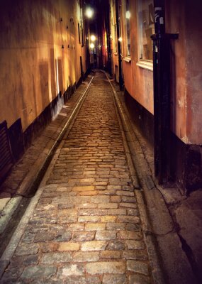 Smalle straat in Stockholm in de nacht
