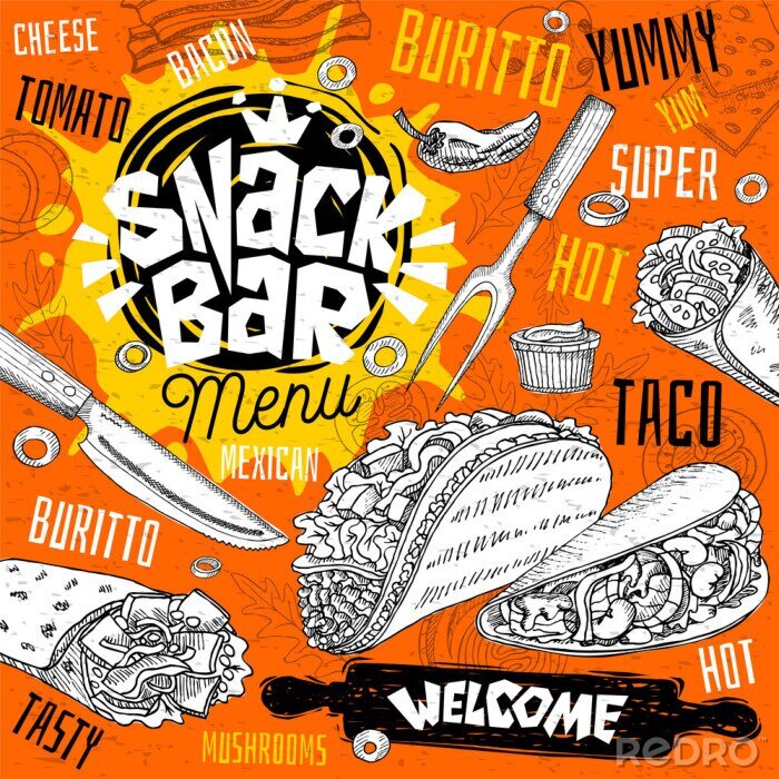 Fotobehang Snackbar café restaurant menu. Mexicaans, Taco, burrito fastfoodposter kaarten voor café. Ontwerpsjabloon, logo, embleem, teken, kroon, welkom vintage