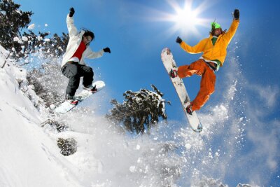 Fotobehang Snowboard met hemelachtergrond