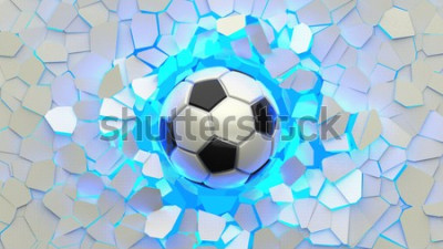 Fotobehang Soccer ball crash blue lighting white wall. The wall was cracked. 3D illustration. 3D high quality rendering.