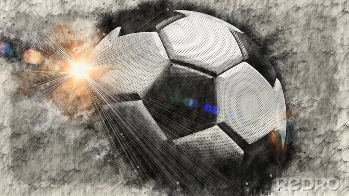 Fotobehang Soccer ball illustration combined pencil sketch and watercolor sketch. 3D illustration. 3D CG. High resolution.