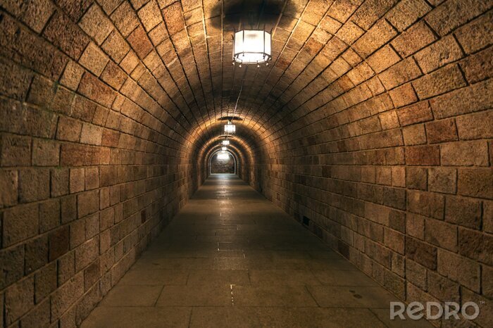 Fotobehang Sombere bakstenen tunnel