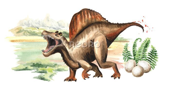 Fotobehang Spinosaurus op een aquarel landschapsachtergrond