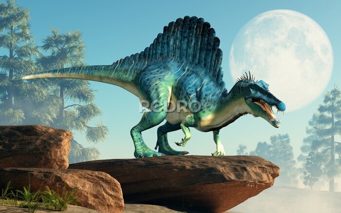 Fotobehang Spinosaurus op een klif met de maan op de achtergrond