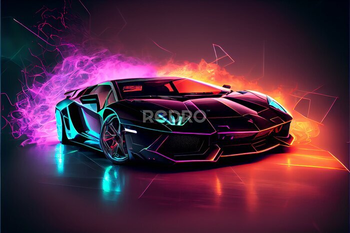 Fotobehang Sportauto op een neonachtergrond