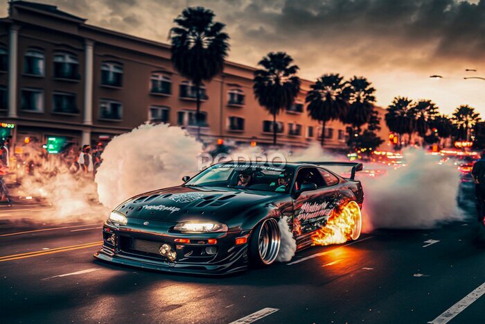 Fotobehang Sportauto op een straat in de stad