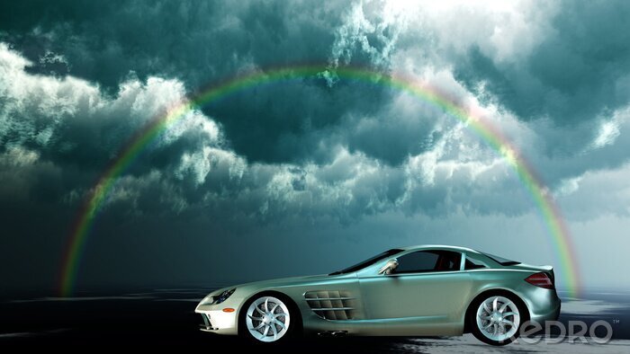 Fotobehang Sportwagen onder een regenboog