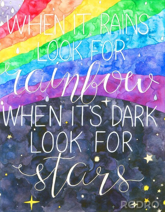 Fotobehang Sprookjesachtige achtergrond met regenboog en typografie