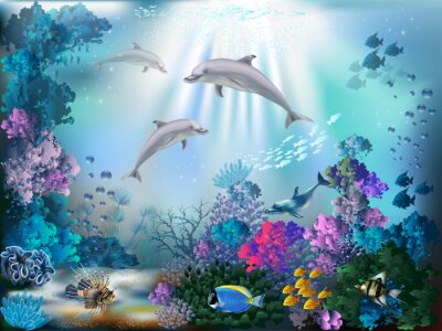 Fotobehang Sprookjesachtige dolfijnen en koraalrif