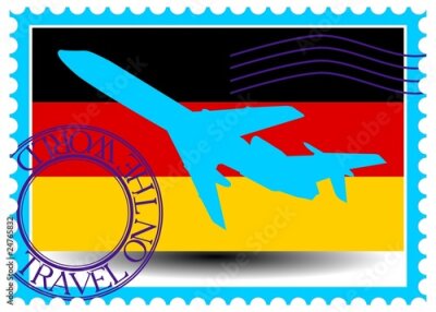 Fotobehang Stamp &quot;Duitsland (Berlijn), reizen met het vliegtuig op de wereld&quot; vector