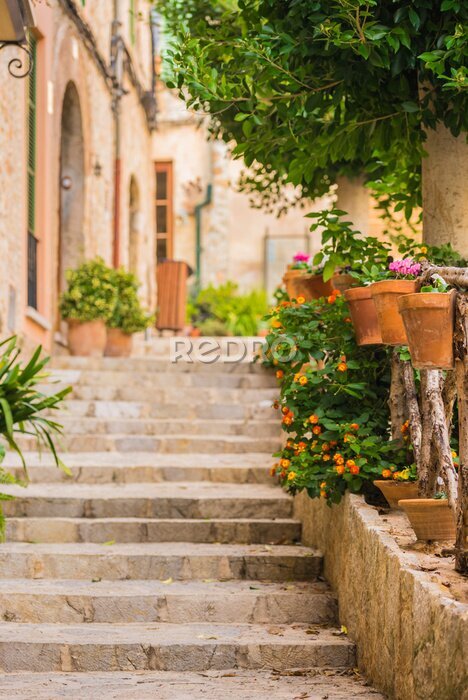 Fotobehang Stenen trap in een pittoresk straatje