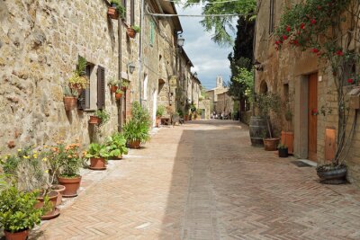 straat geplaveid met baksteen in oude Italiaanse borgo Sovana in Toscane,