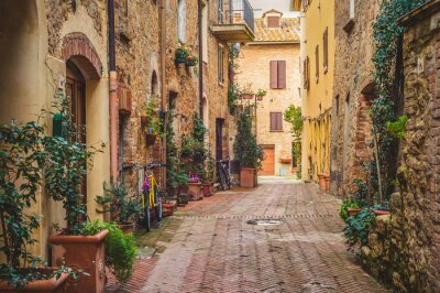 Fotobehang Straat in de oude middeleeuwse stad in Toscane, Pienza.