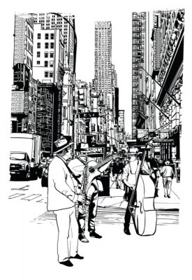 Sticker Straatartiesten die muziek spelen bij 5th Avenue in New York City