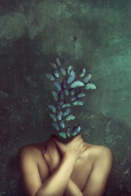 Strange fine art concept. The body of a woman, her head is a butterflys