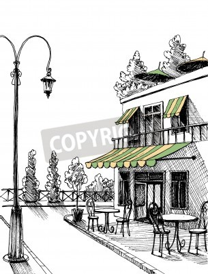 Fotobehang Street view van een retro stad terras van het restaurant schets