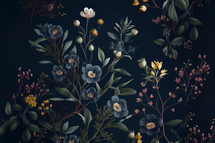 Fotobehang Struikgewas van marineblauwe bloemen