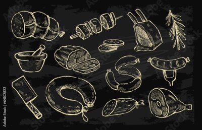 Fotobehang Stukken vlees getekend met krijt op een schoolbord