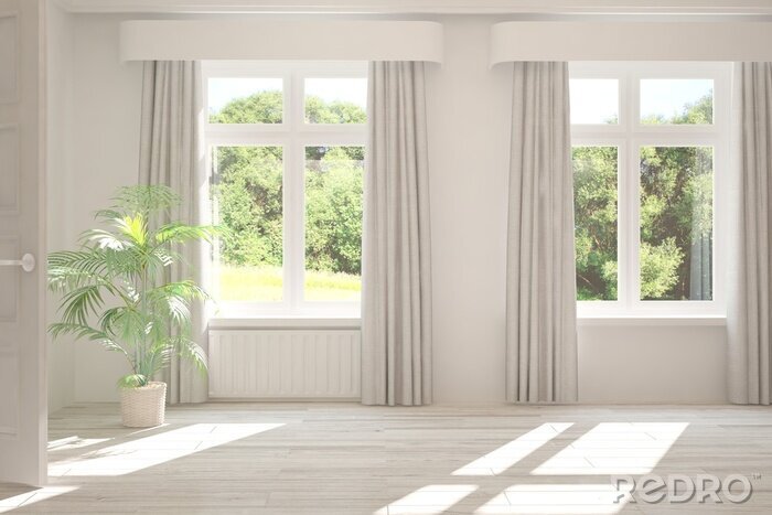 Fotobehang Stylish empty room in white color with summer landscape in window. Scandinavian interior design. 3D illustration