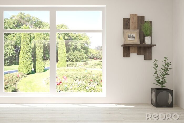 Fotobehang Stylish empty room in white color with summer landscape in window. Scandinavian interior design. 3D illustration