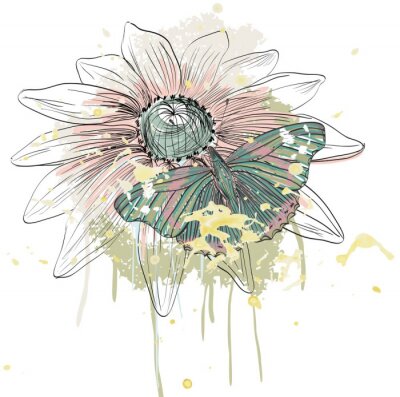 Fotobehang Subtiel ontwerp met vlinder en zonnebloem