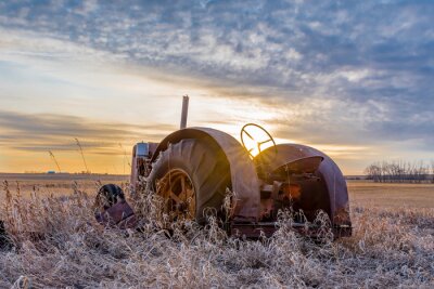 Fotobehang Sunburst at sunset over a vintage tractor abandoned in tall grass on the prairies in Saskatchewan