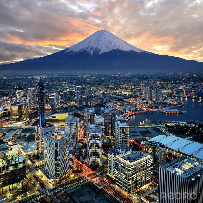 Fotobehang Surreal mening van Yokohama stad en Mt. Fuji