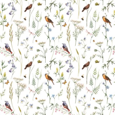 Behang Takjes met pastelkleurige bloemen en vogels