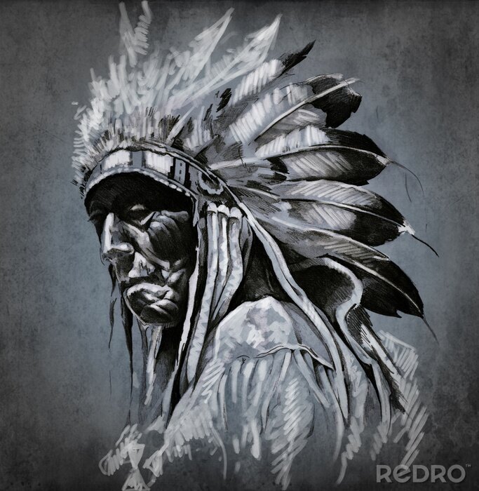 Fotobehang Tattoo kunst, portret van de Amerikaanse Indian Head over donkere backgroun