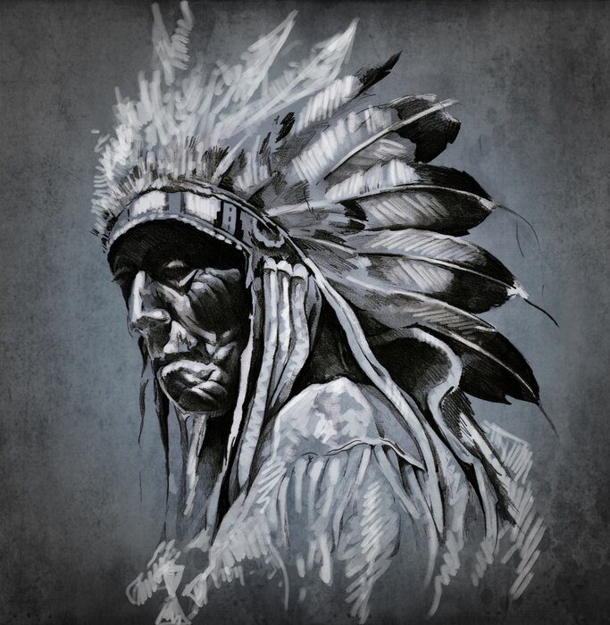 Fotobehang Tattoo kunst, portret van de Amerikaanse Indian Head over donkere backgroun