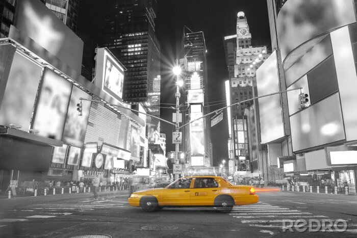 Fotobehang Taxi op de zwart-witte achtergrond van de stad
