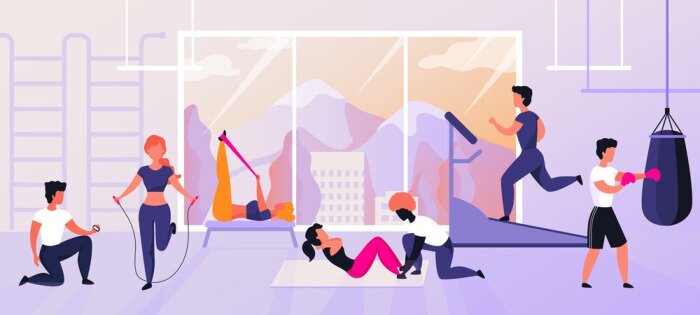 Fotobehang Tekenfiguren tijdens oefeningen in fitnessclub