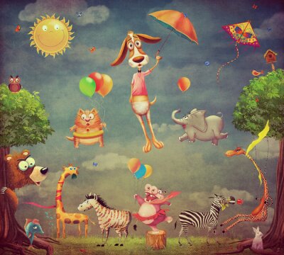 Fotobehang Tekenfilm dieren met ballonnen