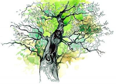 Fotobehang Tekening van een boom met een groene kroon