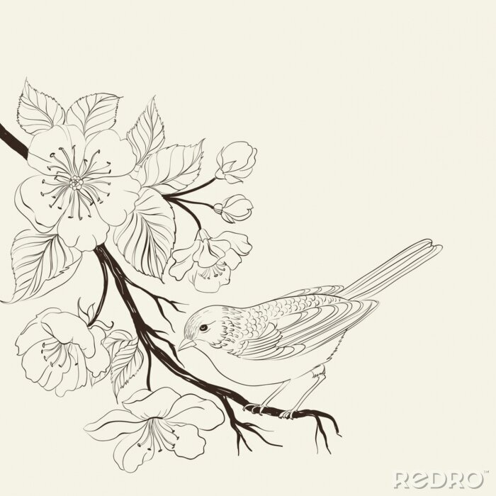 Fotobehang Tekening van een vogel op een tak