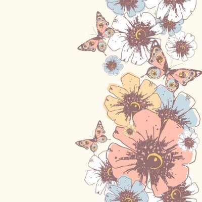 Fotobehang Tekenpatroon met vlinder en bloemen