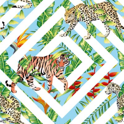 Tijger luipaard naadloze tropische bladeren geometrische achtergrond