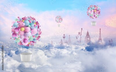 Fotobehang Toeristische iconen en ballonnen abstracte compositie tussen de wolken