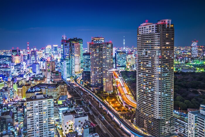 Fotobehang Tokio bij nacht en verlichte gebouwen