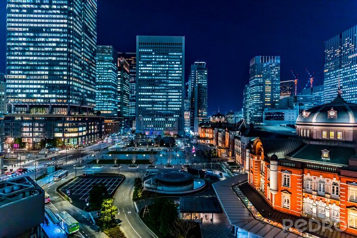 Fotobehang Tokio 's nachts en verlichte gebouwen