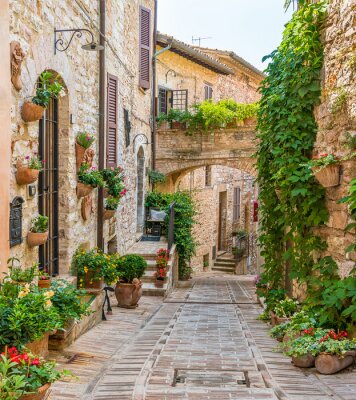 Fotobehang Toneelgezicht in Spello, bloemrijk en schilderachtig dorp in Umbrië, provincie van Perugia, Italië.