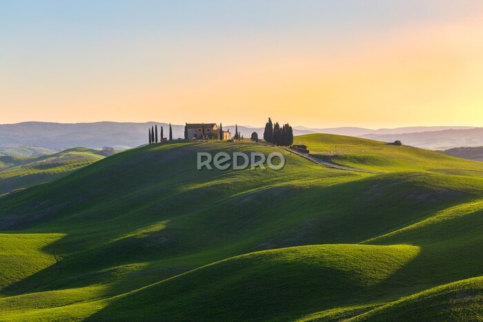 Fotobehang Toscaans landschap met groene heuvels