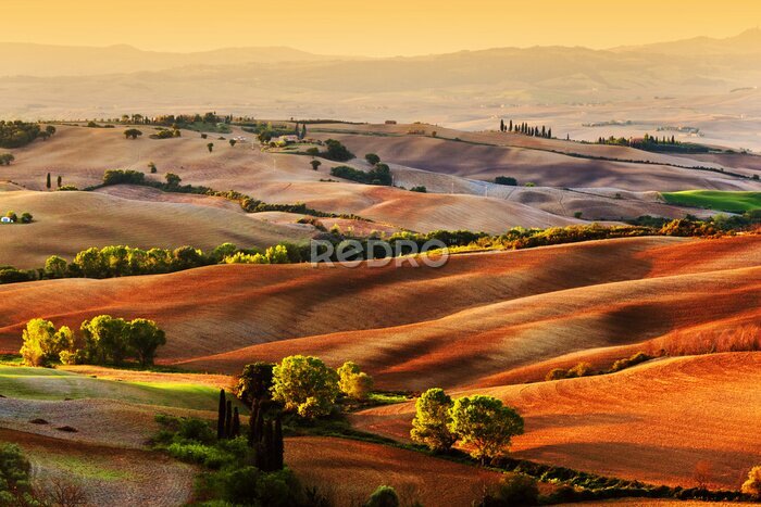 Fotobehang Toscaans platteland bij zonsopgang