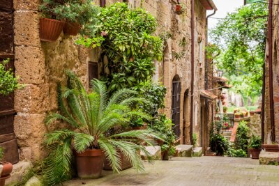 Fotobehang Toscaanse Straat in de stad vol bloemrijke portieken