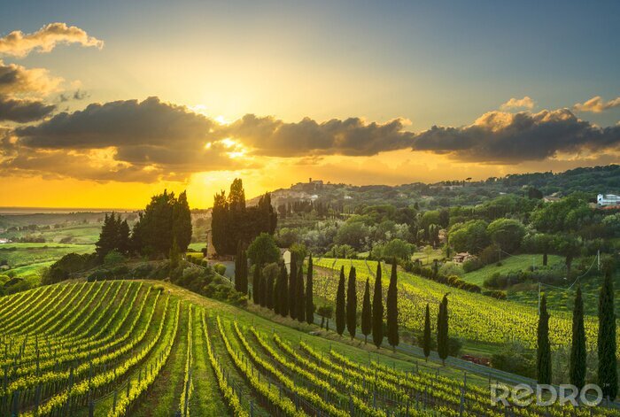 Fotobehang Toscane bij zonsopgang met wolken