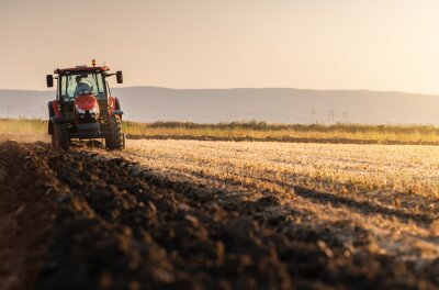 Fotobehang Tractor plowing fields in sunset