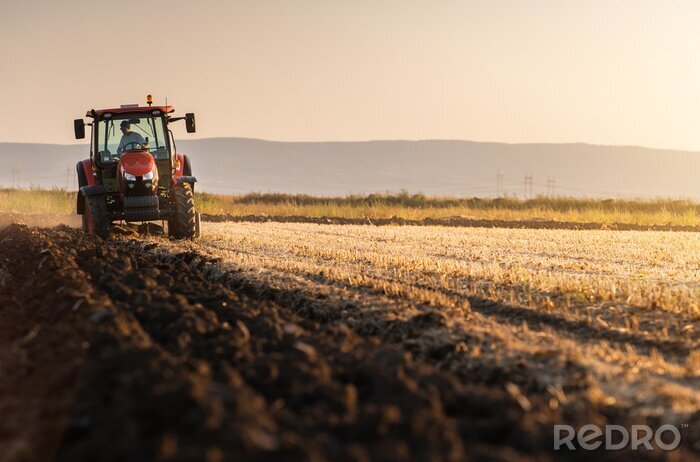 Fotobehang Tractor plowing fields in sunset