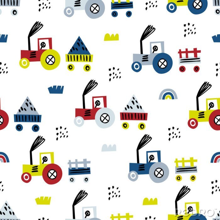 Fotobehang Tractor seamless pattern. Funny cute hand drawn kids toy transport. Baby cartoon tractor vector seamless pattern on white background.