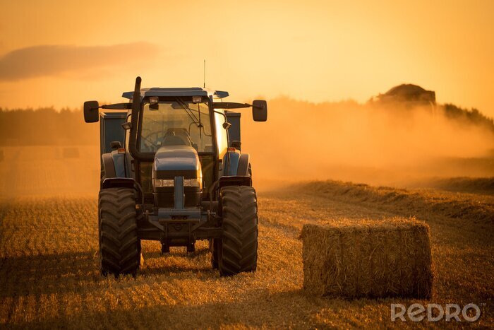 Fotobehang Tractor zonsondergang oogst