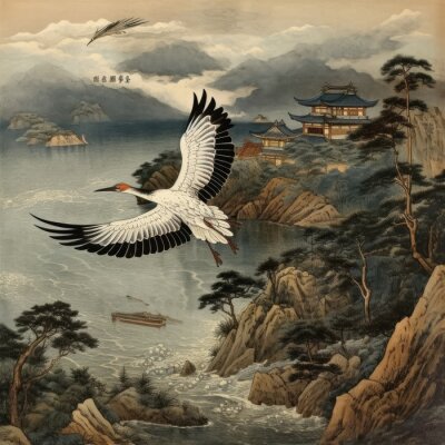 Fotobehang Traditionele Japanse illustratie met een kraan